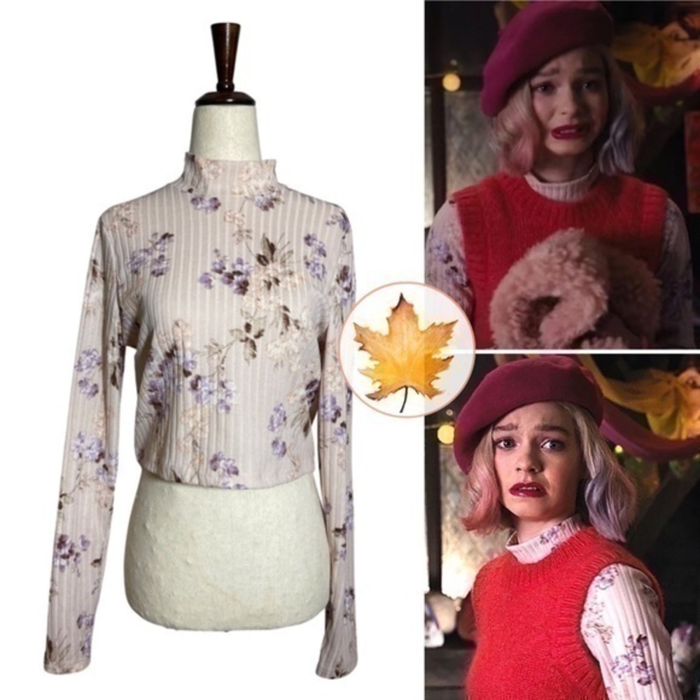 H&M • Floral Ribbed Mock Neck Long Sleeve Crop Top M ASO Enid Sinclair Wednesday